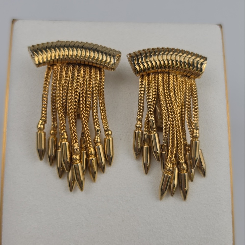 Hobe Signed Vintage Gold Tone Multistrand Fringe Chain Dangle Clip Earrings